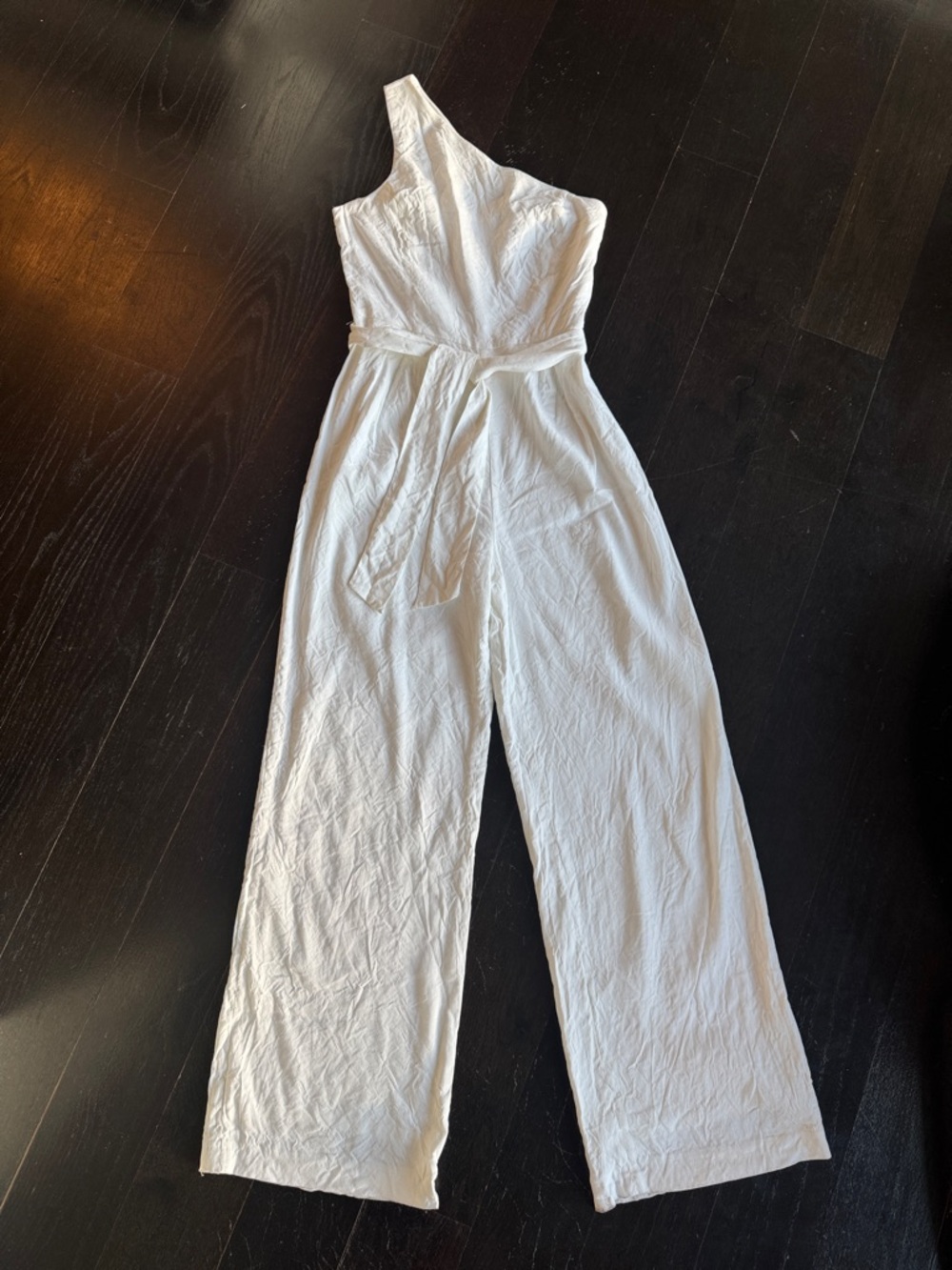 ANTONIO MELANI White One-Shoulder Linen Wide-Leg Jumpsuit with Belt